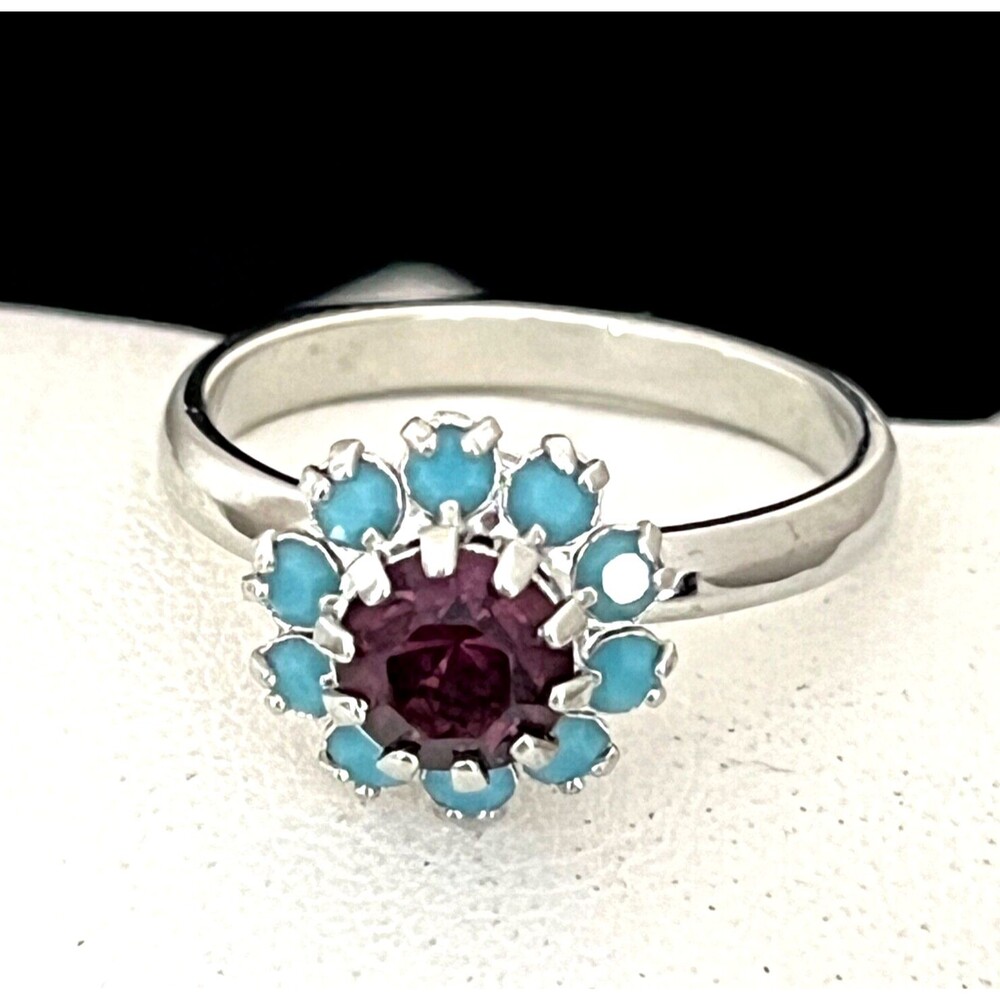 Vintage 1960s Floral Ring Purple Turquoise Rhinestones Mid Century Modern - 4J